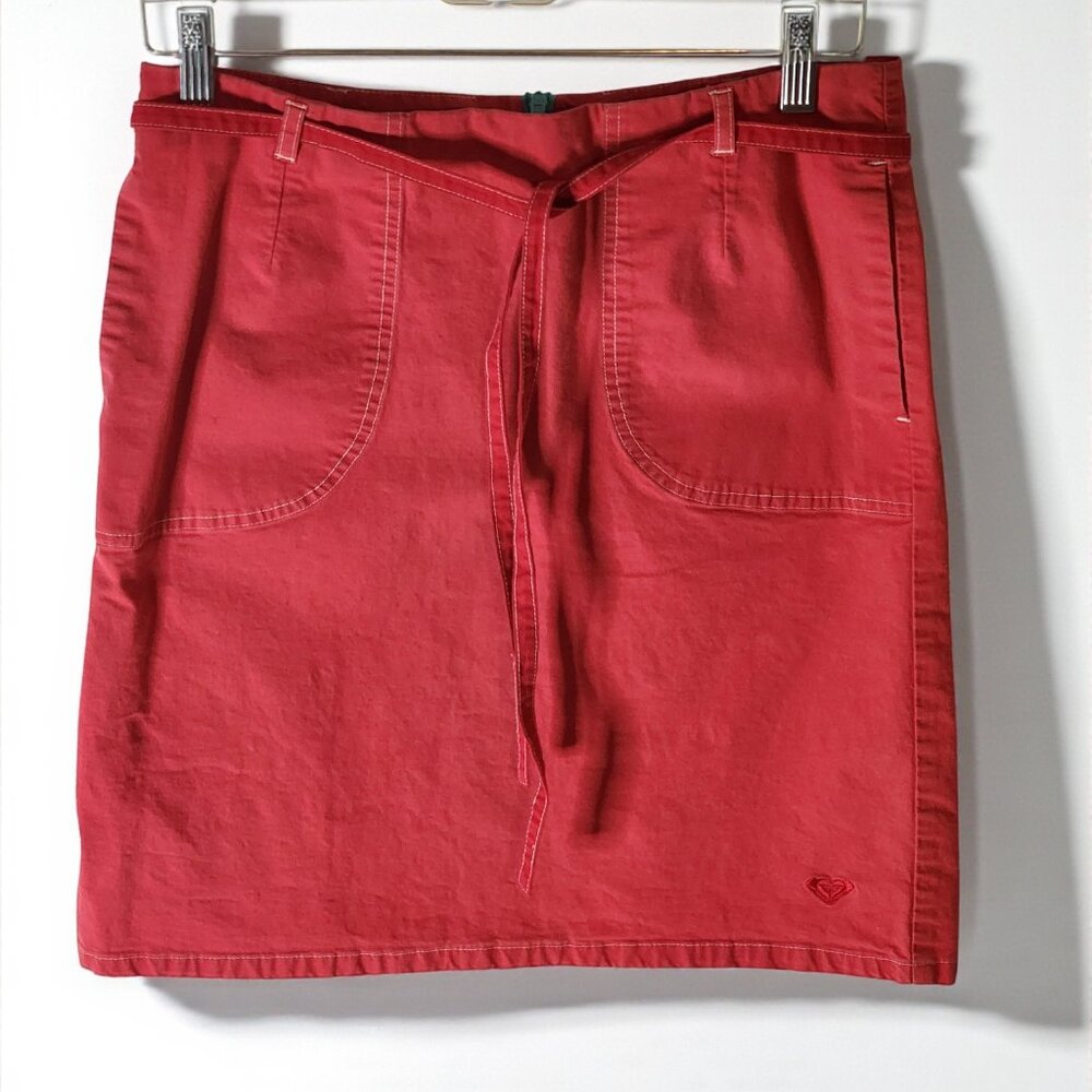 Roxy Red Stretch Cotton Mini Skirt Size 5 – Belted with Pockets & Surf Stripe - Picture 3 of 10